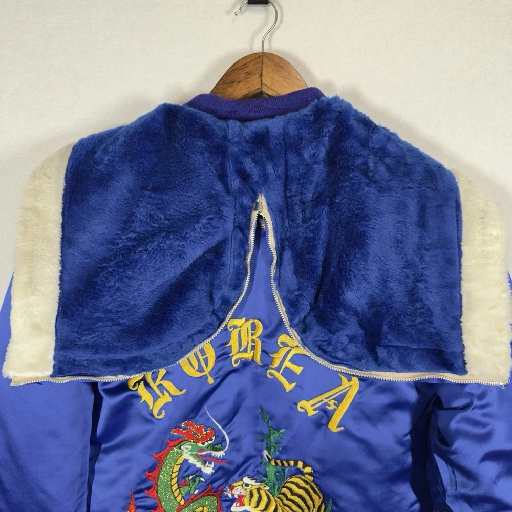 Vintage Sukajan Souvenir Jacket Korea Dragon Tiger Satin Blue Hooded Brad - Picture 4 of 16